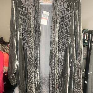 Johnny Was Daniella Crushed Velvet Embroidered Draped Open Front Cardigan